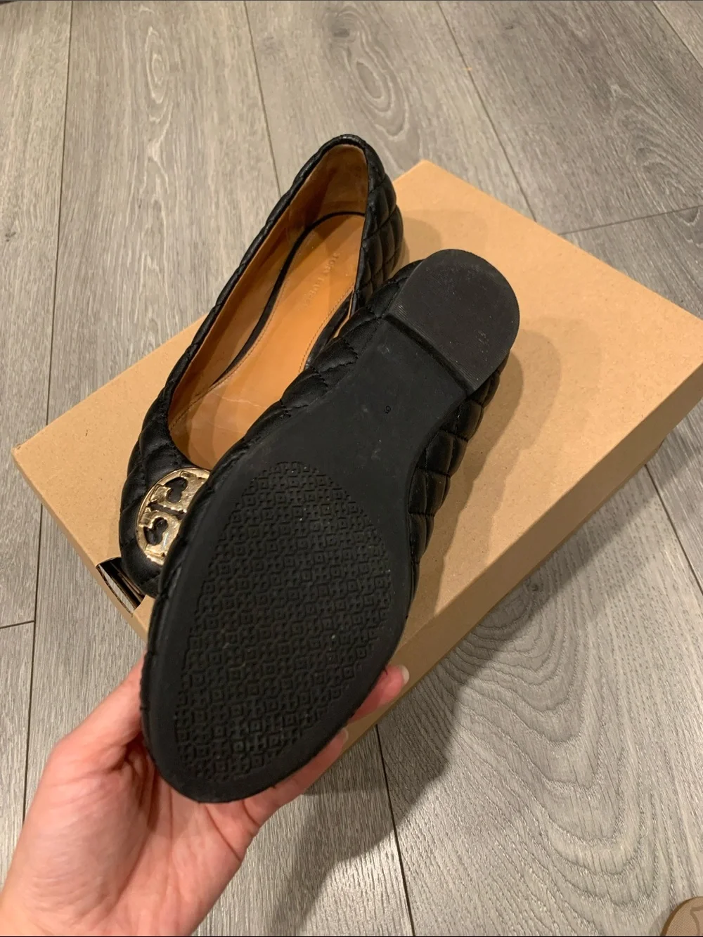 Tory Burch Black Quilted Leather Ballet Flats with Gold Logo